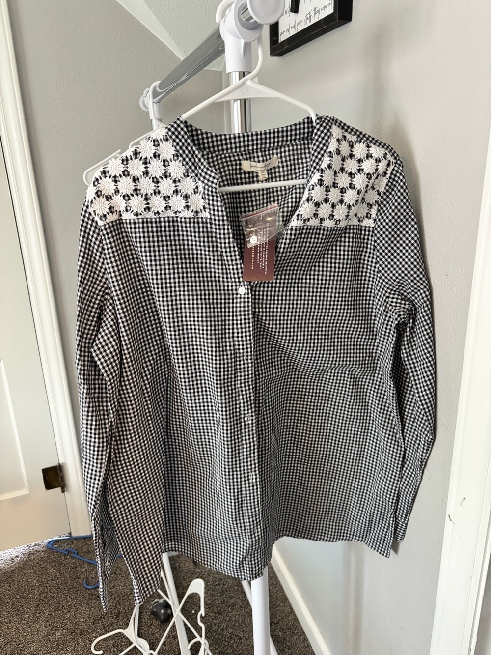 Black and White Gingham Shirt with Lace Yoke